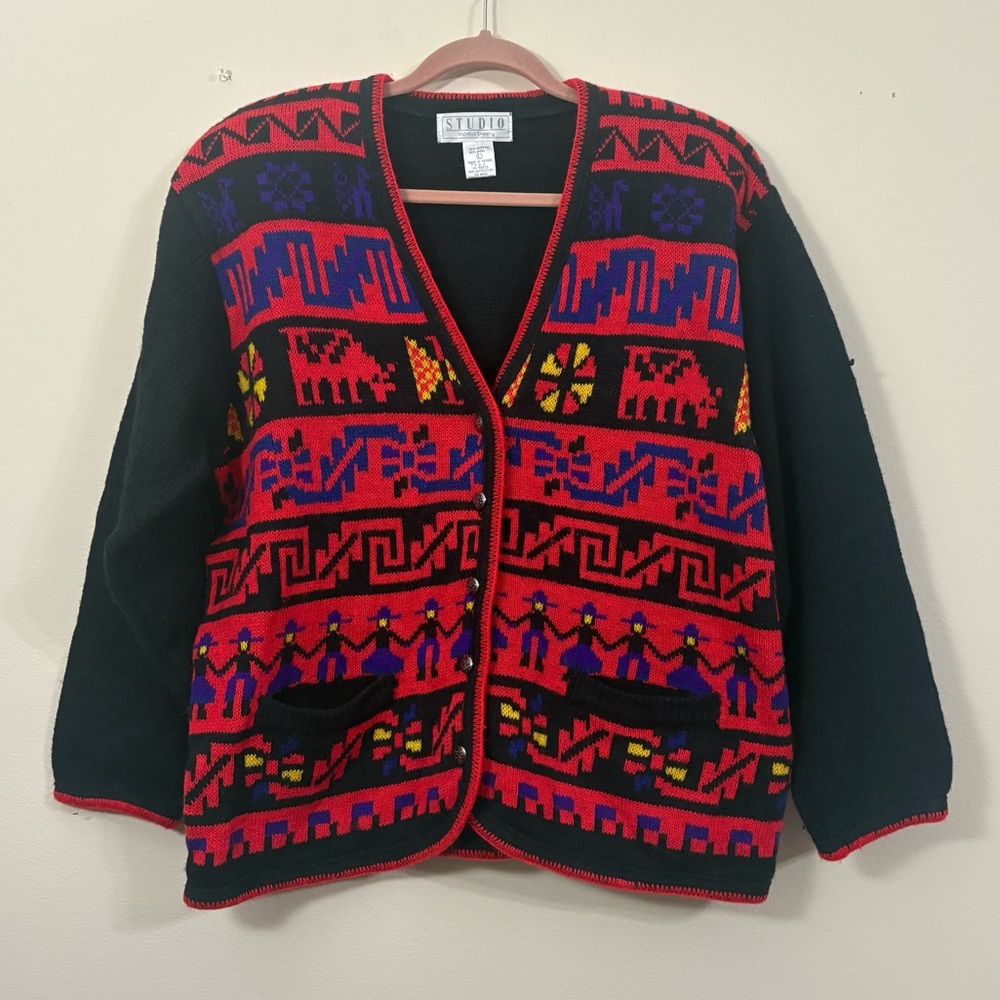 Studio Michelle Stuart wool sweater women large geometric folk art fair isle cl